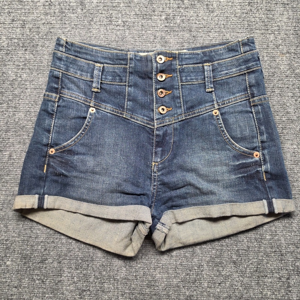 : Topshop MOTO High Waisted Corset Denim Shorts Womens US 4 W26 Dark Wash Cuffed